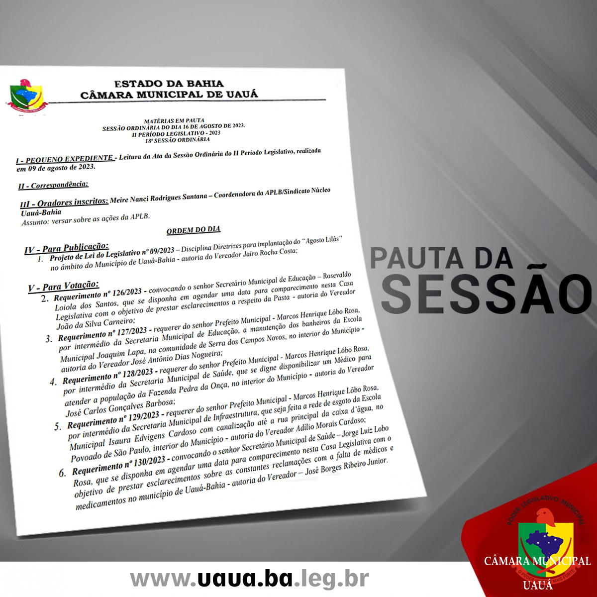 Câmara divulga Pauta da sessão desta quarta-feira (16) 