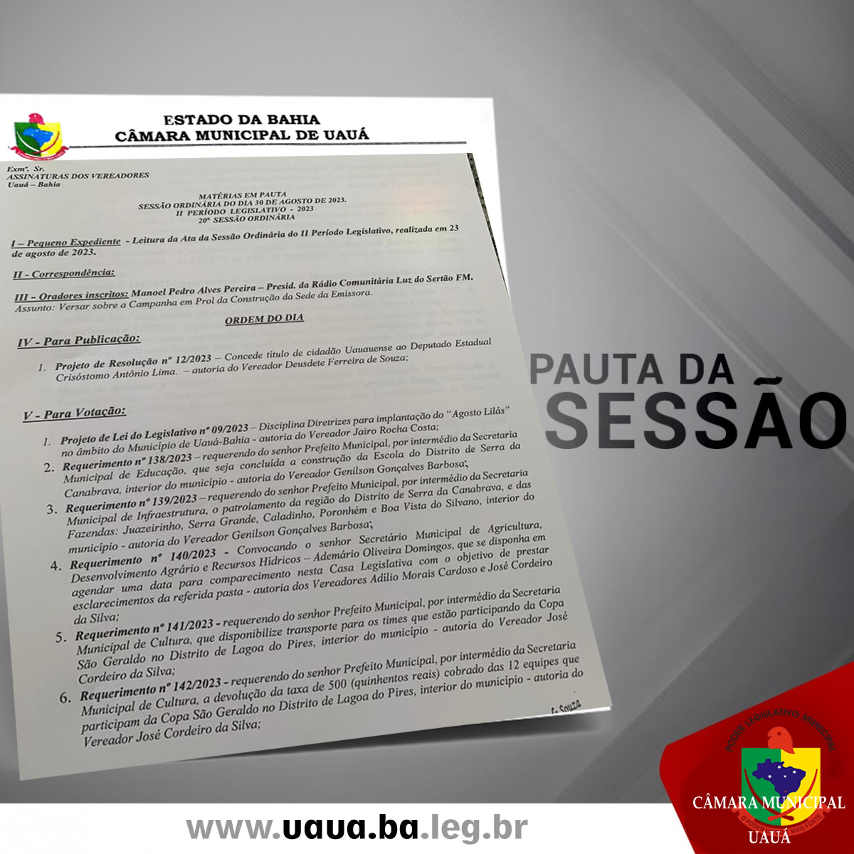 Câmara divulga pauta da sessão ordinária de amanhã, 30/08