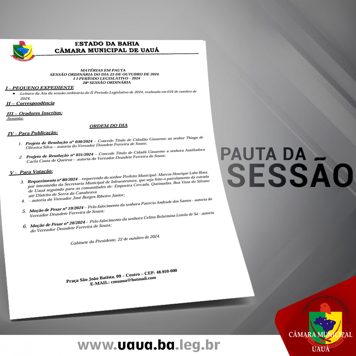 Câmara divulga Pauta da sessão ordinária desta quarta-feira 23 de outubro de 2024