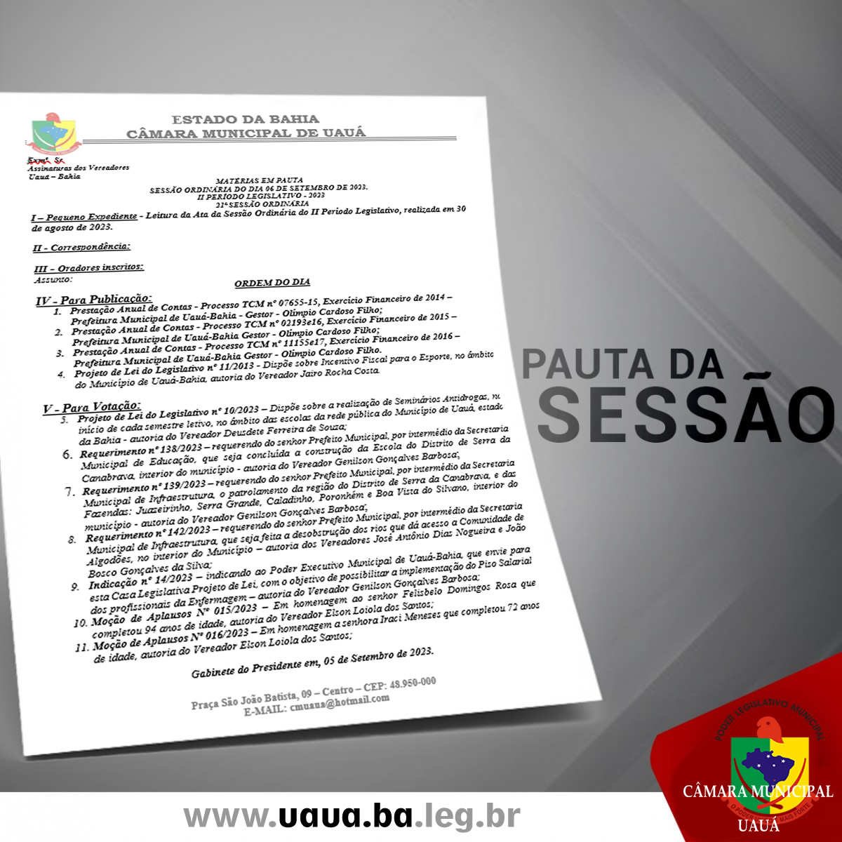 Divulgada a pauta da sessão desta quarta-feira (06)