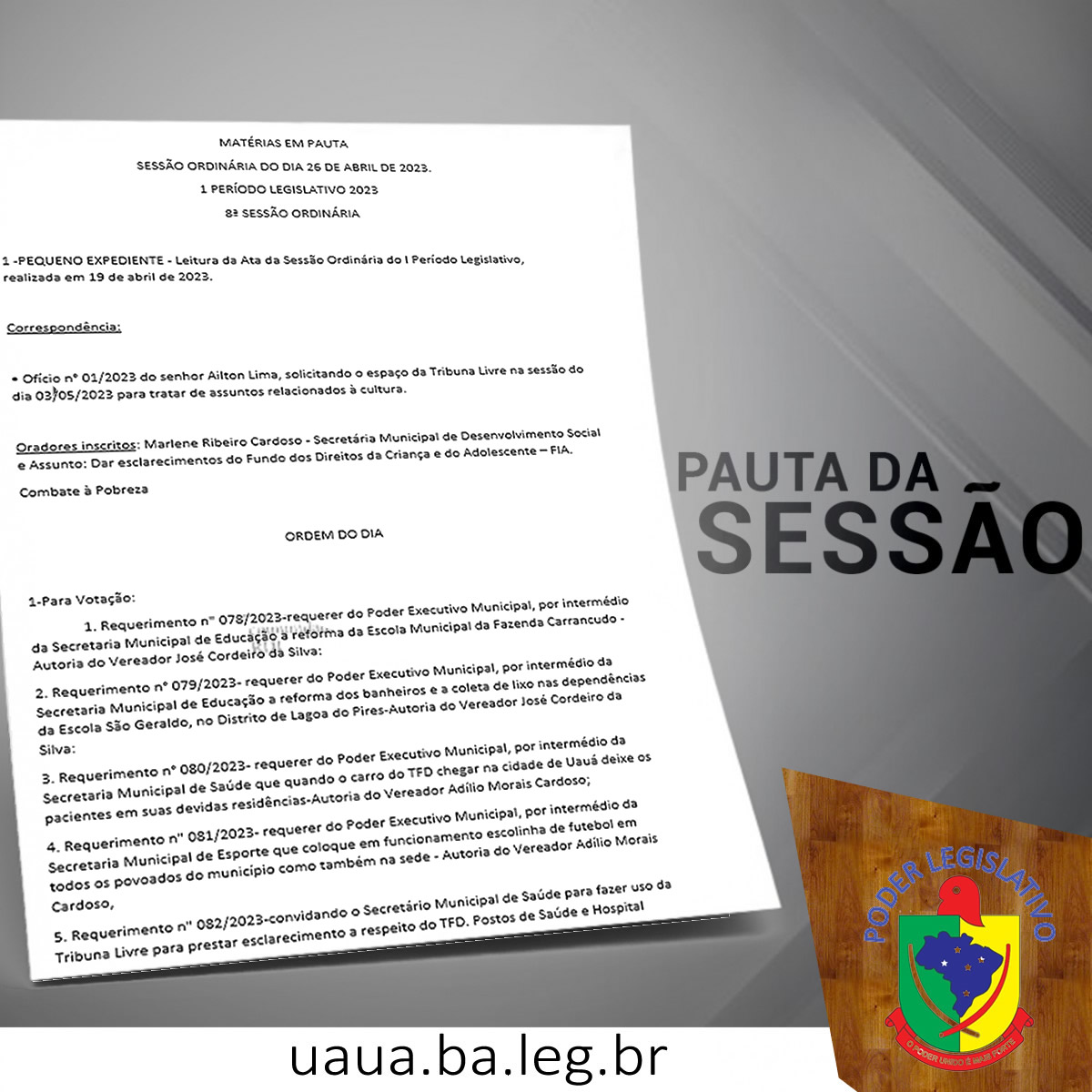 Divulgada a Pauta da Sessão Ordinária nº08 de 26/04