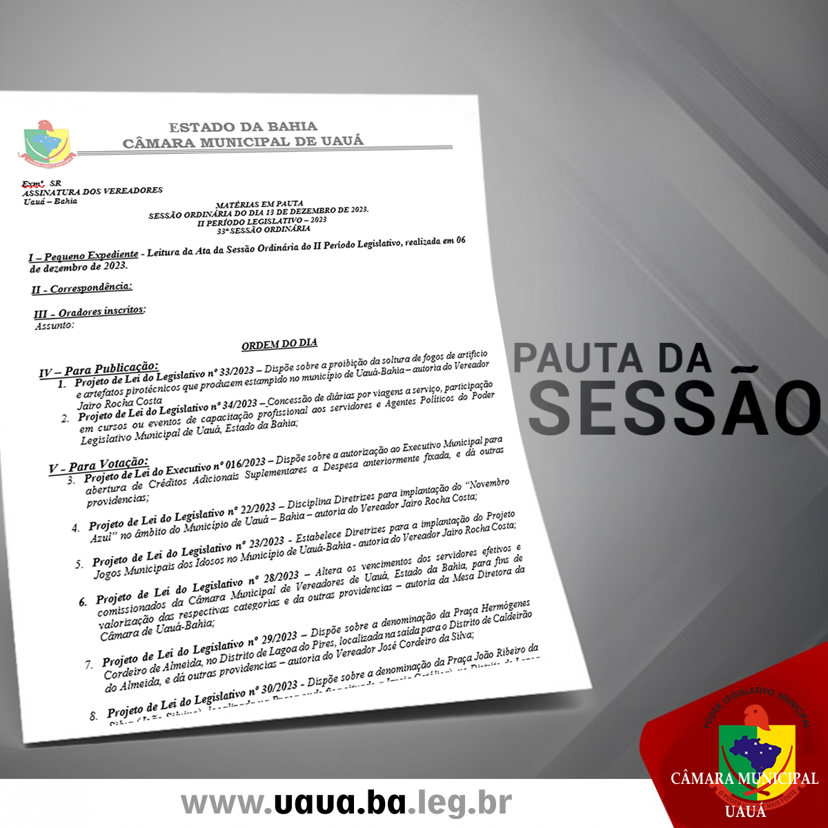 Divulgada pauta da sessão ordinária de amanhã, 13/12