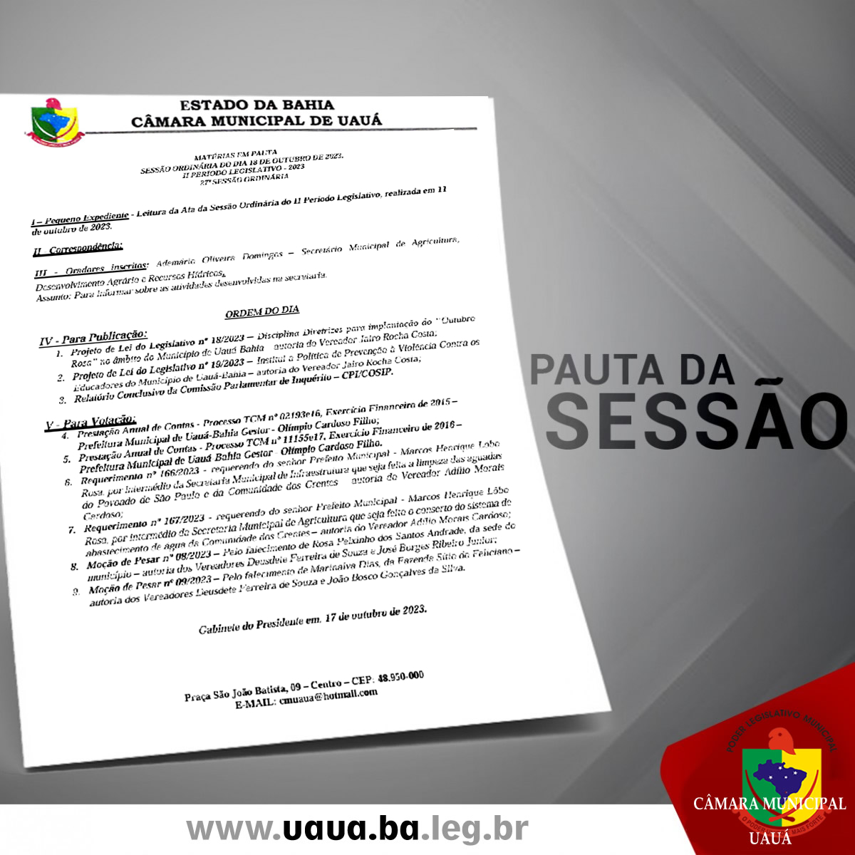 Matérias em pauta da sessão ordinária do dia 18 de outubro de 2023.