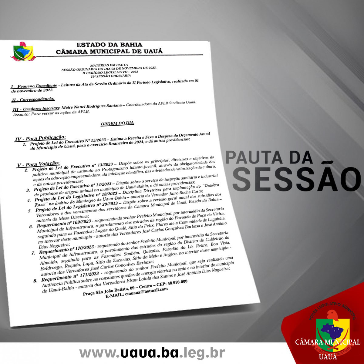 Matérias em pauta sessão ordinária do dia 08 de novembro de 2023