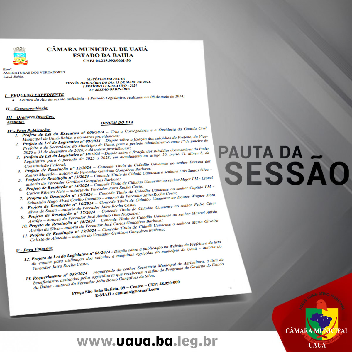 Pauta da 11º sessão ordinária 1º período