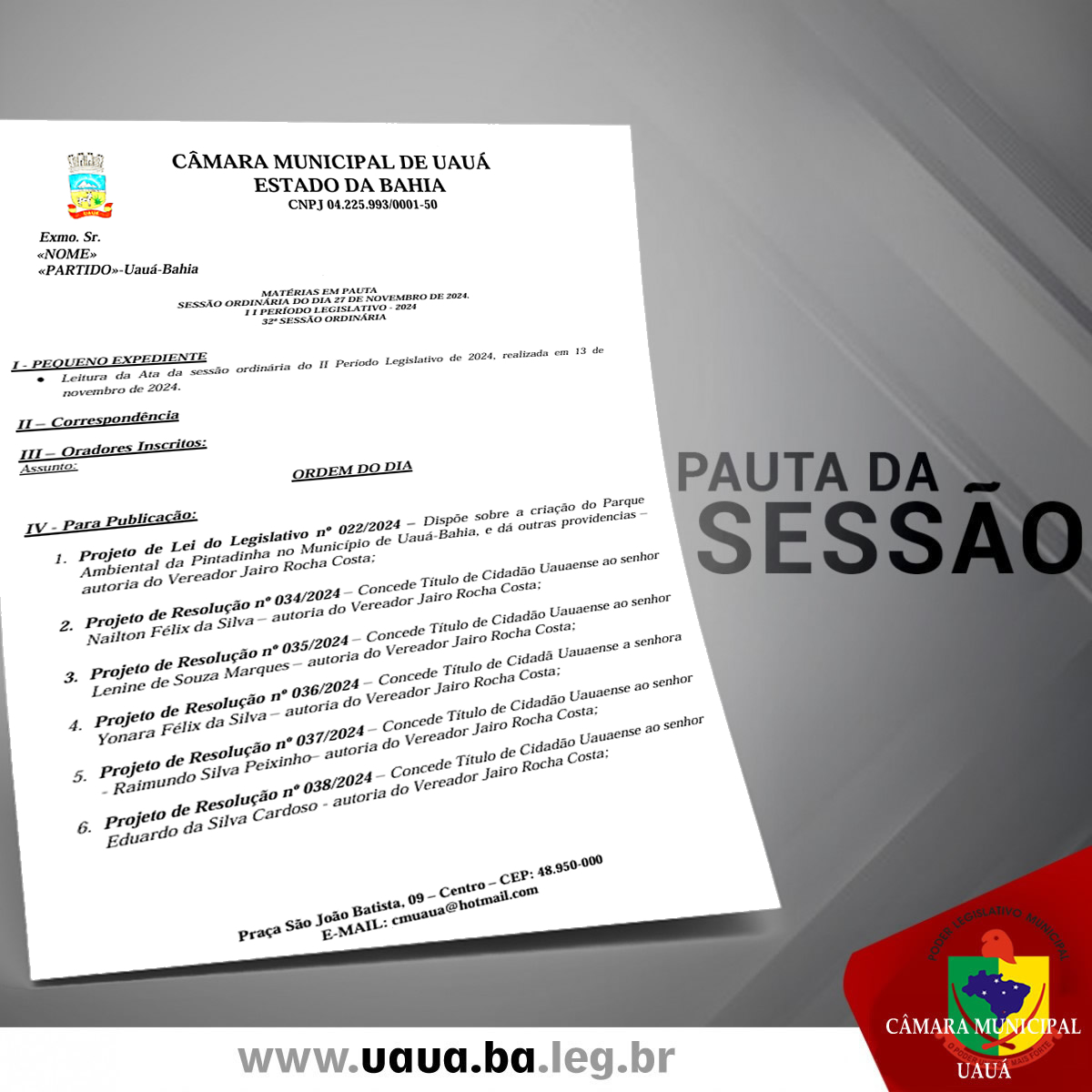 Pauta da 32ª  sessão ordinária Câmara de vereadores de Uauá