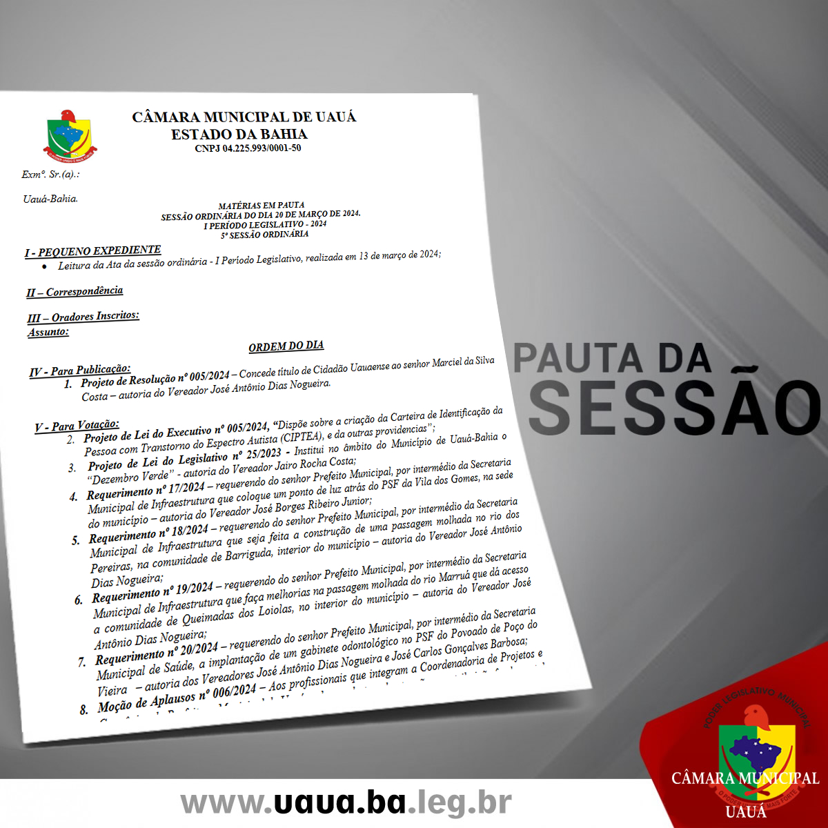 Pauta da 5º  sessão ordinária desta quarta-feira (20/03)