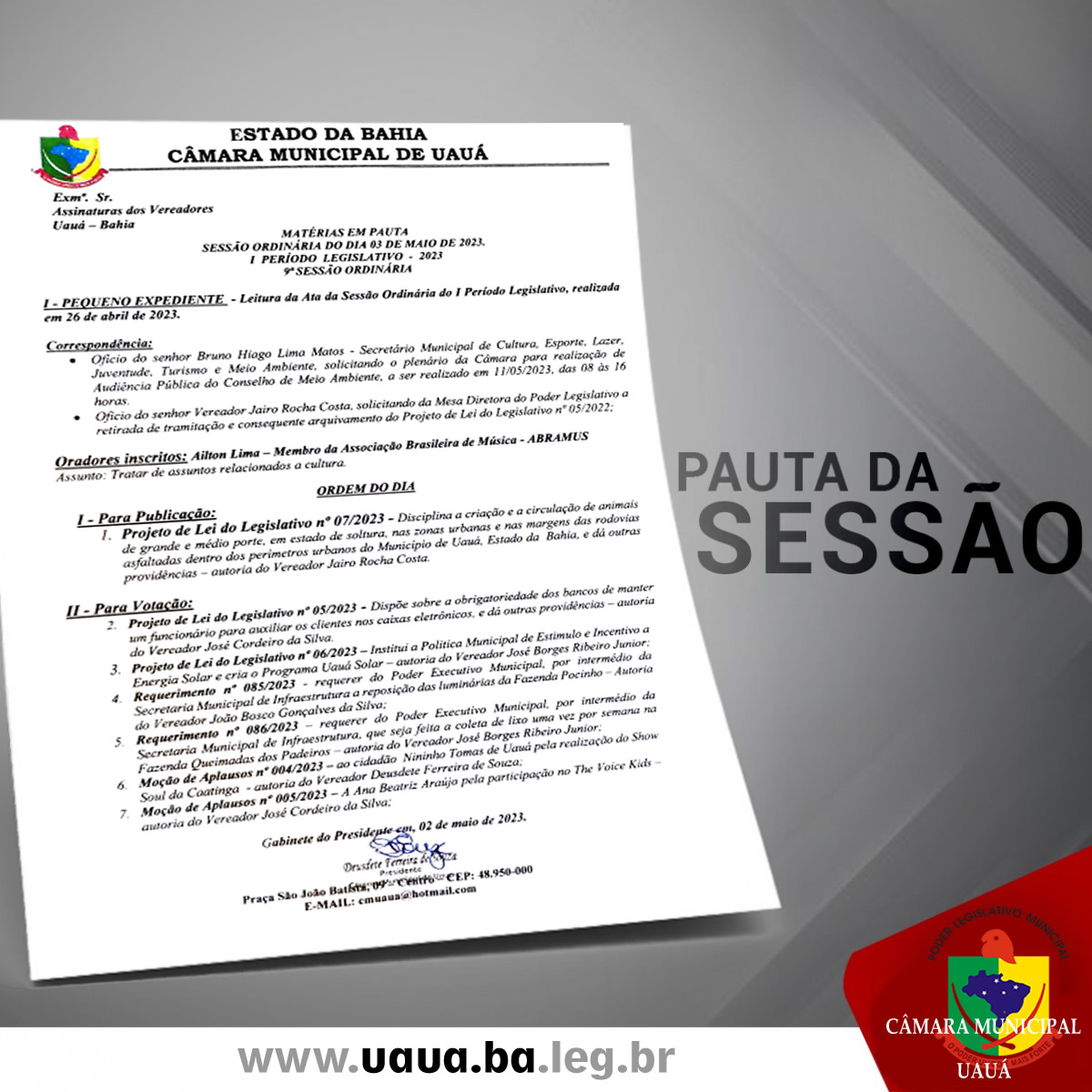 Pauta da  sessão ordinária, 03 de maio de 2023