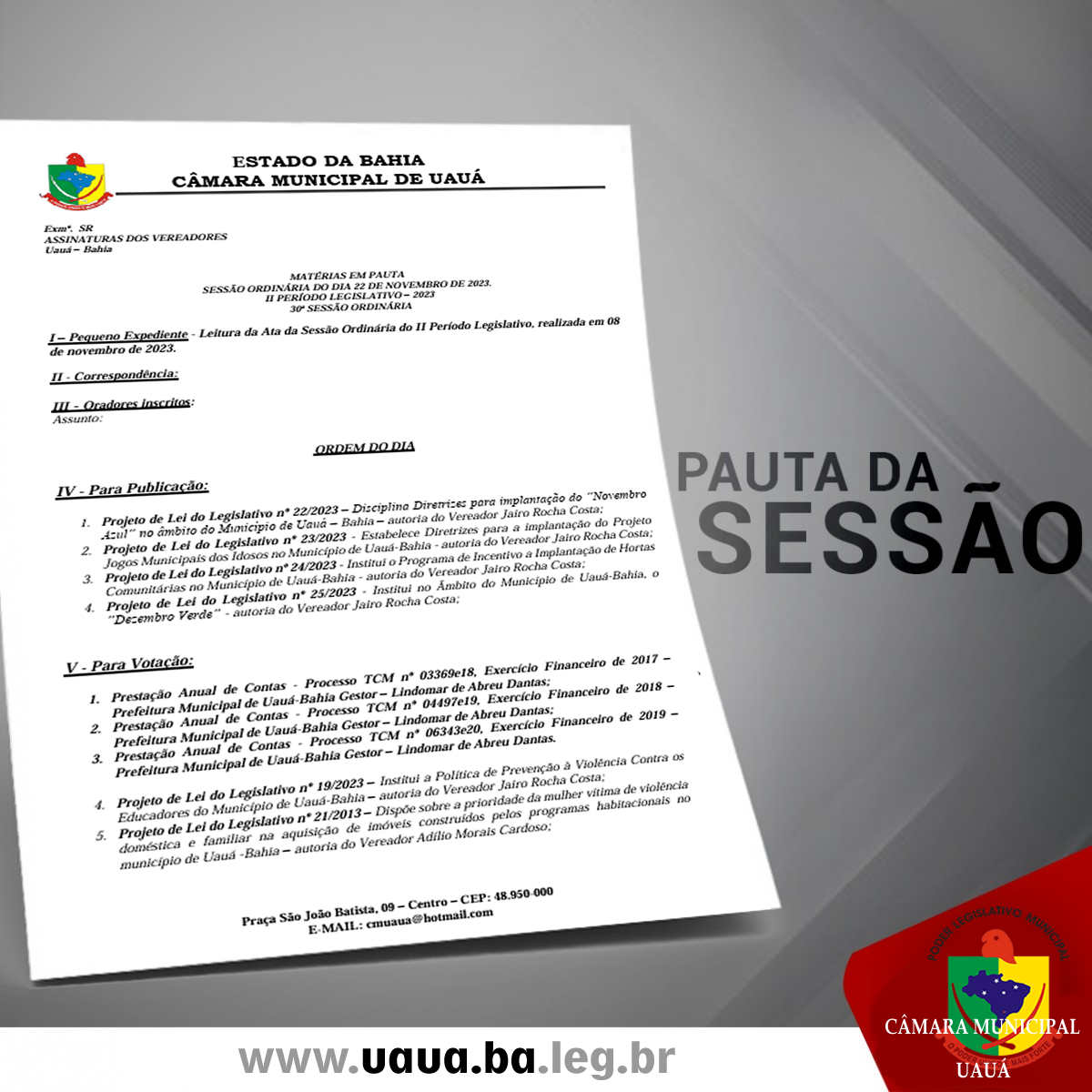 Pauta da sessão ordinária desta quarta-feira (22) de novembro de 2023