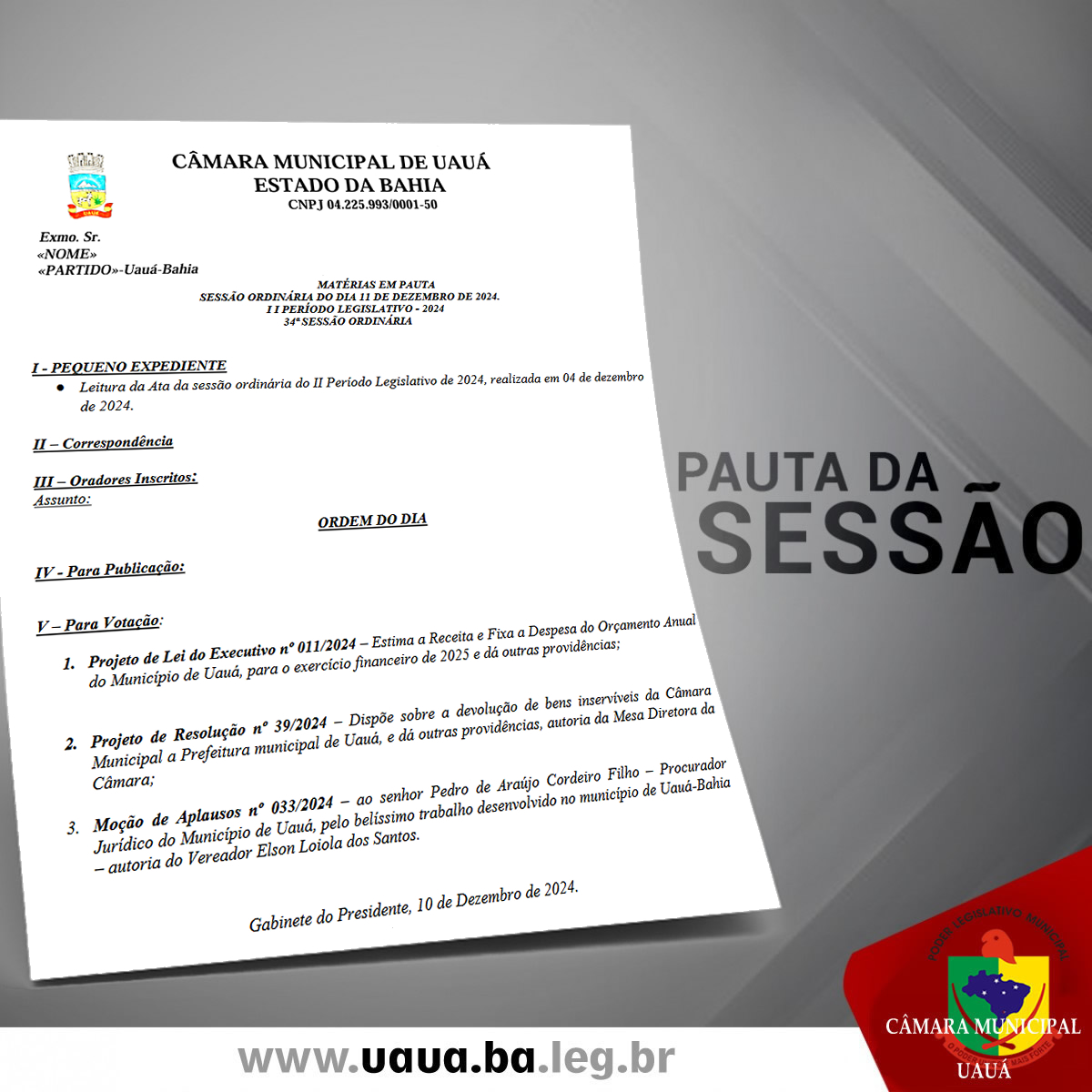 Pauta da sessão ordinária do dia 11 de dezembro de 2024