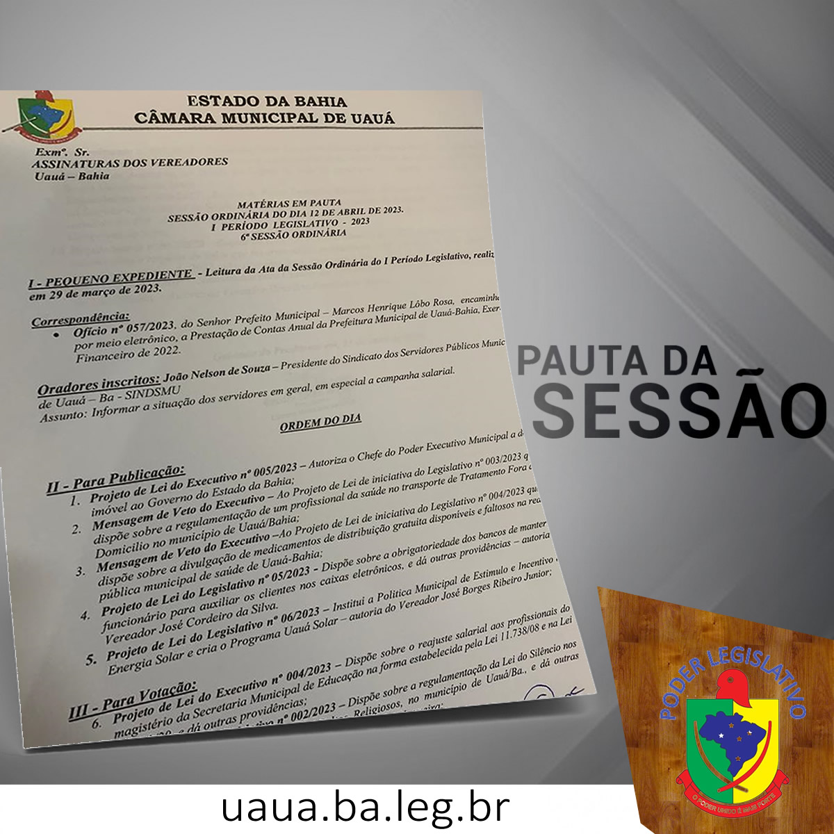 Pauta da Sessão Ordinária nº06 / 2023