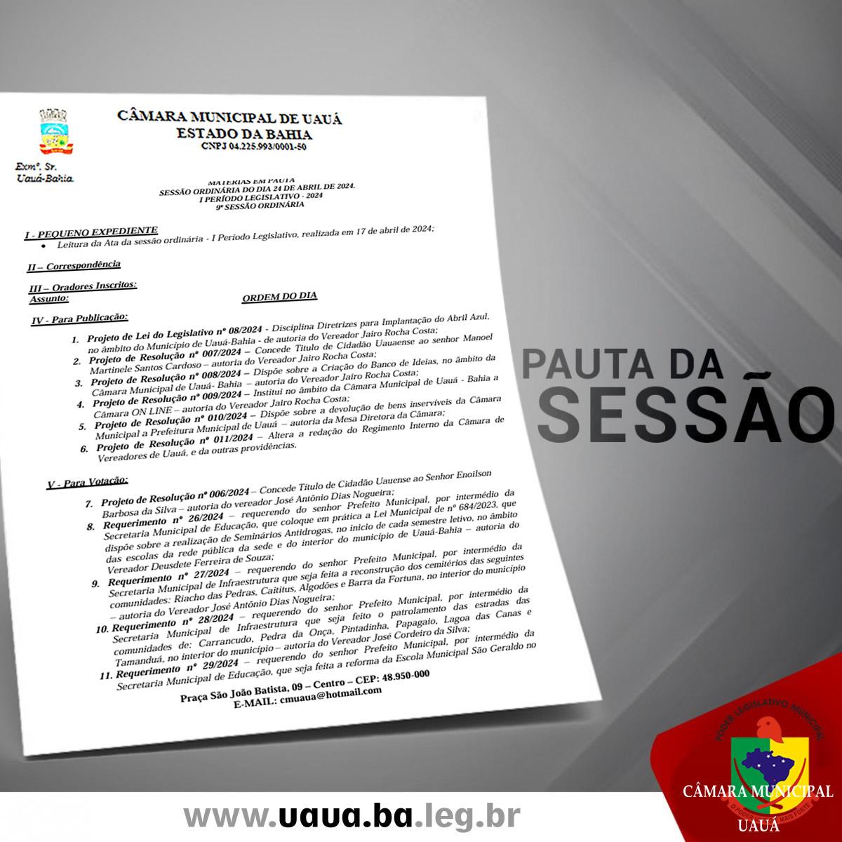 Pauta da sessão da Câmara de Uauá 24/04